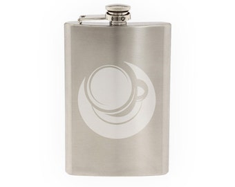 Coffee House Art #5 - Java Shop Mug Cappucino Espresso  - Etched 8 Oz Stainless Steel Flask