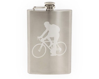 Sports Racing - Bicycling Cyclist Bike Biker version 3- Etched 8 Oz Stainless Steel Flask