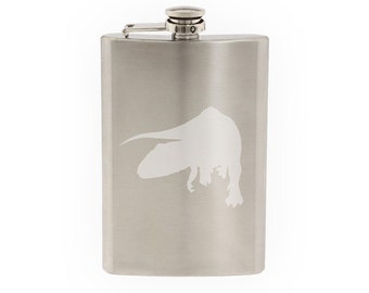 Dinosaur Silhouette #16 - Raptor Hunting Prey Carnivore  - Etched 8 Oz Stainless Steel Flask
