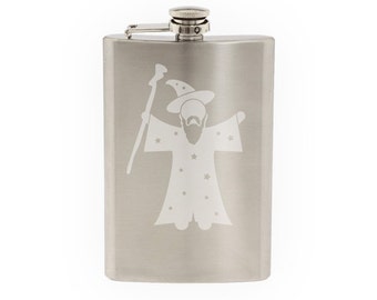 Medieval Stickman #3 - Magic Wizard Staff and Robes Spell- Etched 8 Oz Stainless Steel Flask