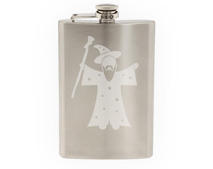 Medieval Stickman #3 - Magic Wizard Staff and Robes Spell- Etched 8 Oz Stainless Steel Flask