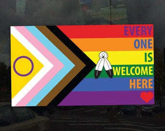 Two Spirit Everyone is Welcome Progress Pride Flag LGBTQIA+ POC - Vibrant Color Static Cling Window Cling - Use Indoor and Outdoor!