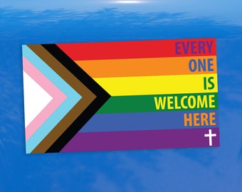 Christian Cross Every One Is Welcome Here Progress Pride Flag - Vibrant Color Vinyl Decal Sticker