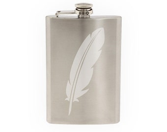 Feather #1 - Calligraphy Ink Writing Quill Scribe - Etched 8 Oz Stainless Steel Flask