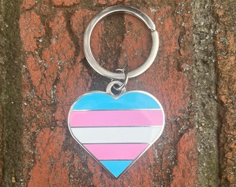 Transgender Flag Heart White Pink and Blue LGBTQ Support Pride Symbol - 1.5 inch Enamel Keychain with Keyring