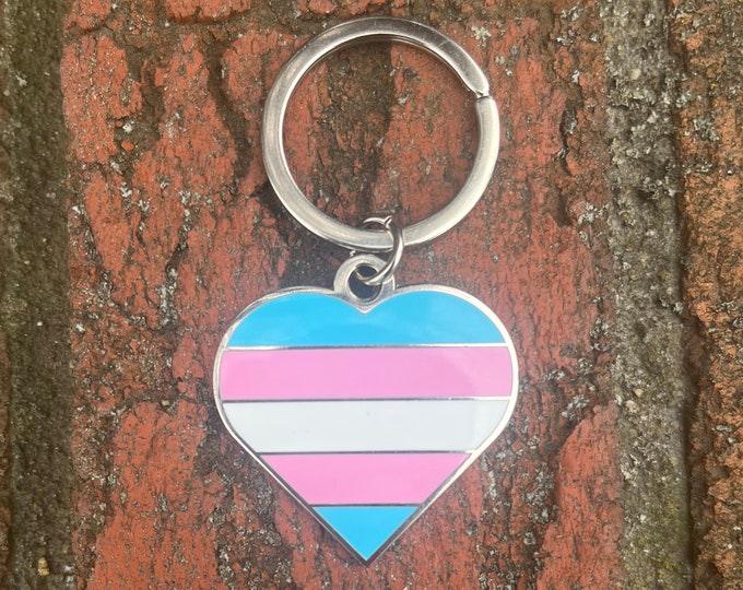 Transgender Flag Heart White Pink and Blue LGBTQ Support Pride Symbol - 1.5 inch Enamel Keychain with Keyring