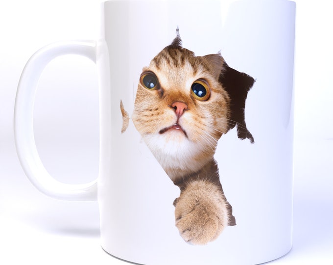 Surprise Cat Peaking Through Coffee - 11 Ounce Ceramic Coffee Mug Teacup