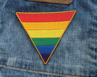 LGBTQ Rainbow Pride Flag Triangle Gold Trimmed - 4 inch Iron-on Embroidered Patch