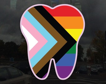 Tooth Shaped Progress Pride Flag LGBTQ POC Flag for Dental Office - Vibrant Color Static Cling Window Cling - Use Indoor and Outdoor!