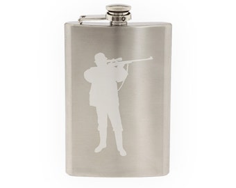 Hunting Rifle Aim #4- Deer Duck Hunt Chasing Tail- Etched 8 Oz Stainless Steel Flask