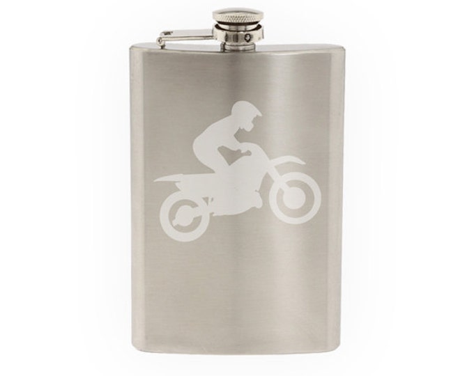 Sport Silhouette - Motocross Dirtbike Rider- Etched 8 Oz Stainless Steel Flask