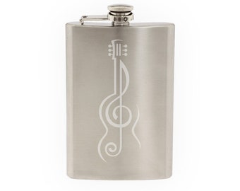 Music Note#2- Guitar Treble Clef Symbol Artist School- Etched 8 Oz Stainless Steel Flask