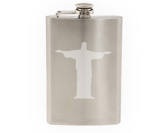 Famous Statue #2 - Christ the Redeemer Brazilian Jesus  - Etched 8 Oz Stainless Steel Flask
