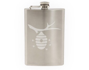 Bee Icon #7- Tree Hive Honey Local Colony Nectar Comb   - Etched 8 Oz Stainless Steel Flask
