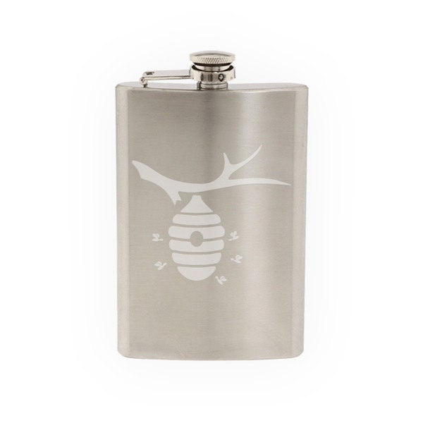 Bee Icon #7- Tree Hive Honey Local Colony Nectar Comb   - Etched 8 Oz Stainless Steel Flask