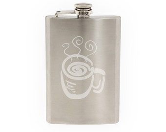 Coffee House Art #4 - Java Shop Mug Cappucino Espresso  - Etched 8 Oz Stainless Steel Flask