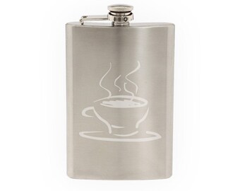 Coffee House Art #3 - Java Shop Mug Cappucino Espresso  - Etched 8 Oz Stainless Steel Flask