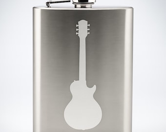 Musician Band - Rockstar Guitar Vintage Style Silhouette- Etched 8 Oz Stainless Steel Flask