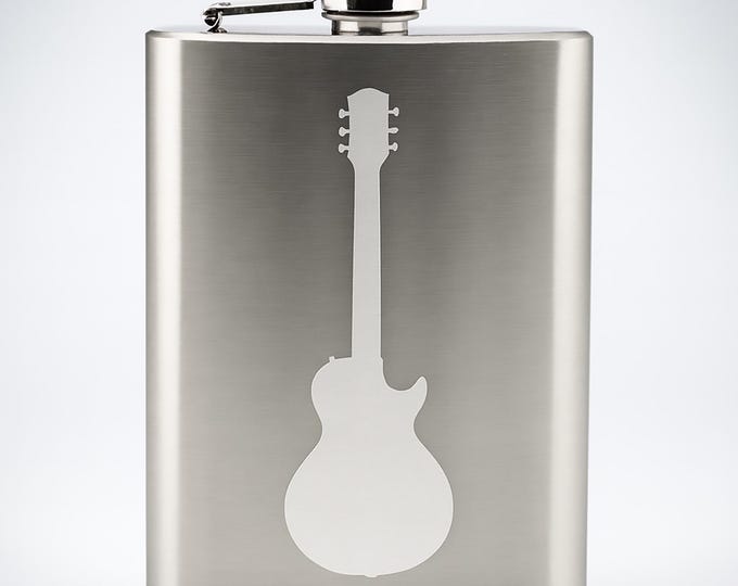 Musician Band - Rockstar Guitar Vintage Style Silhouette- Etched 8 Oz Stainless Steel Flask