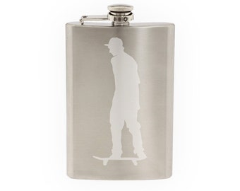 Skateboard Trick #3- Skate Shop Art Flatland Rider Goofy   - Etched 8 Oz Stainless Steel Flask