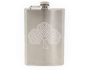 Ireland Tradition Irish Clover Shamrock Shaped Celtic Knot- Etched 8 Oz Stainless Steel Flask