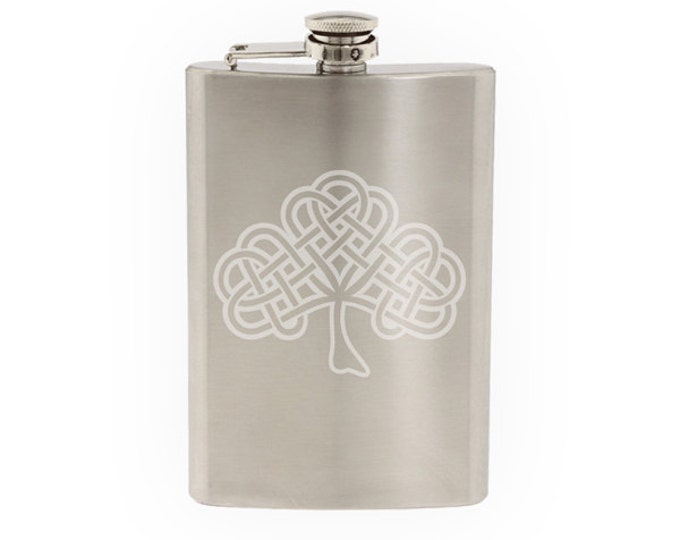 Ireland Tradition Irish Clover Shamrock Shaped Celtic Knot- Etched 8 Oz Stainless Steel Flask
