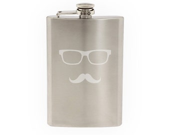 Glasses with Mustache #1 - Hipster Style Funny Goofy Face- Etched 8 Oz Stainless Steel Flask