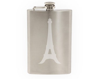 Famous Buildings Monuments - Eiffel Tower Paris France   - Etched 8 Oz Stainless Steel Flask