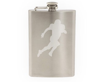 Sport Silhouette - Football Player Running- Etched 8 Oz Stainless Steel Flask