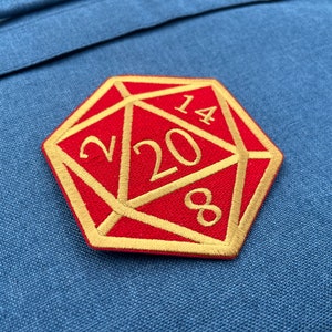 Red and Gold D20 Dice DnD Die - 4 inch Iron-on Patch
