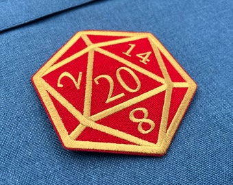 Red and Gold D20 Dice DnD Die - 4 inch Iron-on Patch
