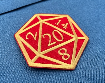 Red and Gold D20 Dice DnD Die - 4 inch Iron-on Patch