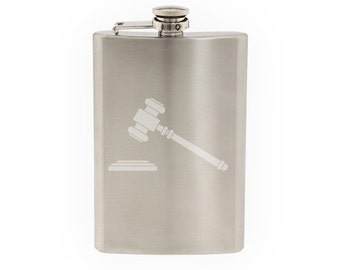Gavel Hammer of Court Judge Auctioneer Law Authority- Etched 8 Oz Stainless Steel Flask