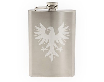 Heraldic Symbols #2 - European Eagle Sign Family Crest- Etched 8 Oz Stainless Steel Flask