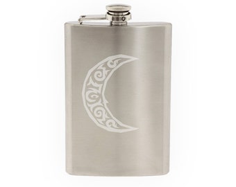 Ancient Culture - Aztec Mayan Tribal Moon Crescent  - Etched 8 Oz Stainless Steel Flask