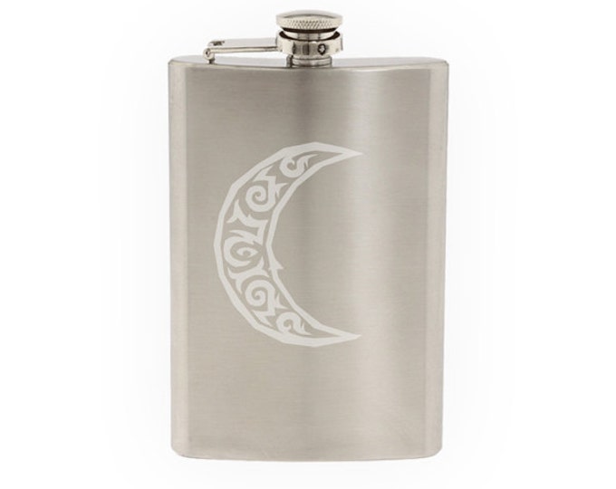Ancient Culture - Aztec Mayan Tribal Moon Crescent  - Etched 8 Oz Stainless Steel Flask