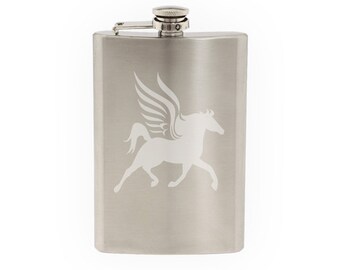 Greek Mythology - Pegasus Winged Horse Version 3- Etched 8 Oz Stainless Steel Flask