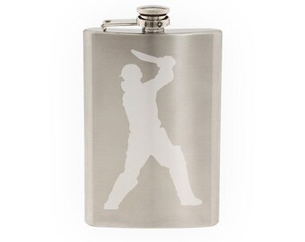 Cricket Player #3 - Batter Batsman Shot Score Wicket- Etched 8 Oz Stainless Steel Flask