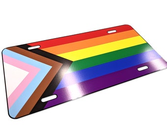 Progress Pride Flag LGBTQ POC Transgender Flag - Vibrant Color Aluminum License Plate (Black Plate)