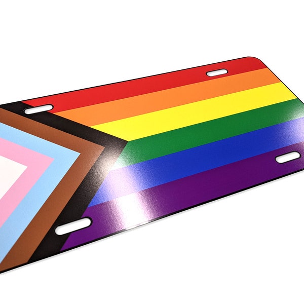 Progress Pride Flag LGBTQ POC Transgender Flag - Vibrant Color Aluminum License Plate (Black Plate)