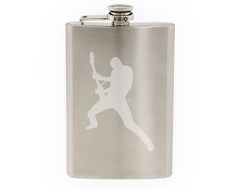 Musician Band - Rockstar Guitarist Silhouette Shadow V.2- Etched 8 Oz Stainless Steel Flask