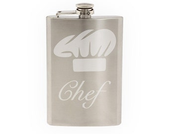 Chef Hat Cook Restaurant Decorative Art - Etched 8 Oz Stainless Steel Flask