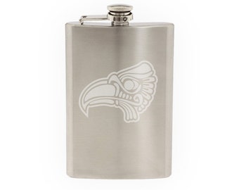 Head of the eagle in Mayan Inca Empire style Heiroglyph Art - Etched 8 Oz Stainless Steel Flask