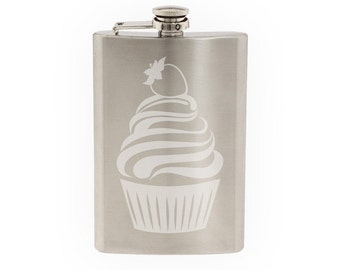 Cute Cupcake #3 - Strawberry Whipped Ice Cream Topping - Etched 8 Oz Stainless Steel Flask