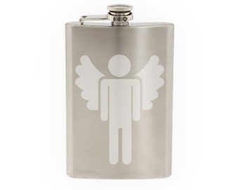 Rest Room Gender - Mens - Male Angel Ascend- Etched 8 Oz Stainless Steel Flask