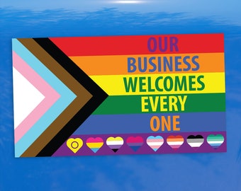 Pride Flag Hearts Our Business Welcomes Everyone Progress Pride Flag - Vibrant Color Vinyl Decal Sticker