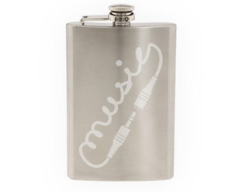 Audio #1 - Music Calligraphy Jack Connector Plug DJ - Etched 8 Oz Stainless Steel Flask