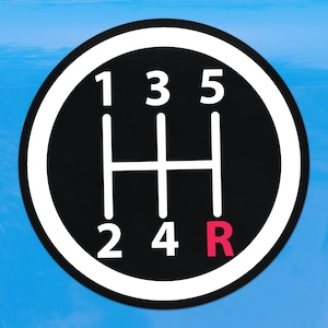 Può includere: Grafica in bianco e nero del modello del cambio di marcia della trasmissione manuale di un'auto. Sono visualizzati i numeri 1, 2, 3, 4 e 5, insieme alla lettera "R" per la retromarcia. La grafica è su uno sfondo azzurro.