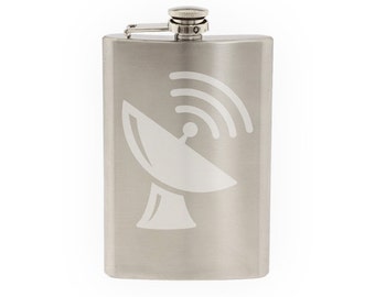 Space Icon - Seti Satellite Dish Toon Extraterrestrial- Etched 8 Oz Stainless Steel Flask
