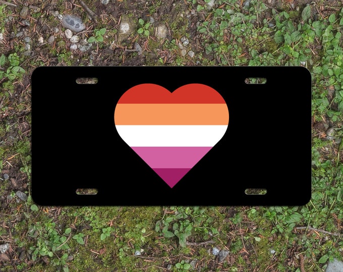 Heart Lesbian Pride Flag LGBTQ+ - Vibrant Color Aluminum License Plate (Black Plate)